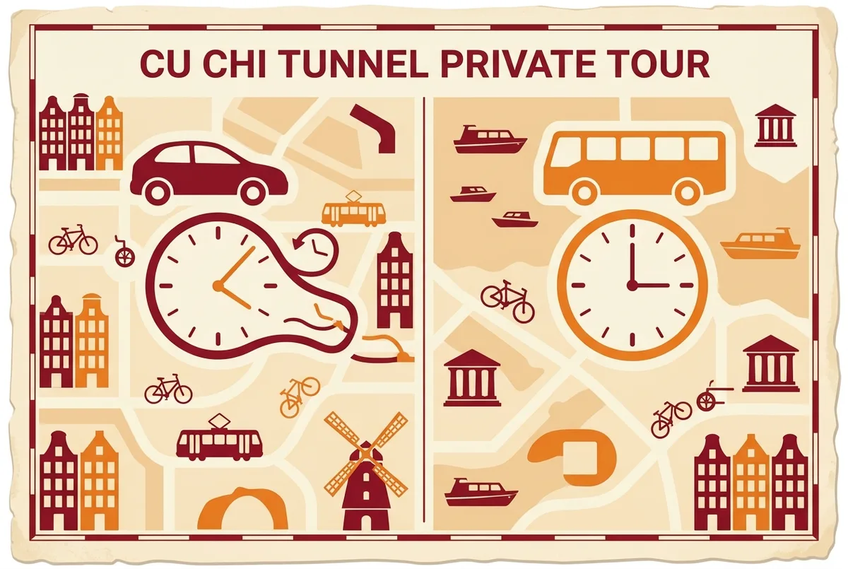 Simple infographic comparing a private car icon with a flexible clock against a shared bus icon with a fixed clock for a cu chi tunnel private tour, flat icon style, generic labels only, no numbers or statistics