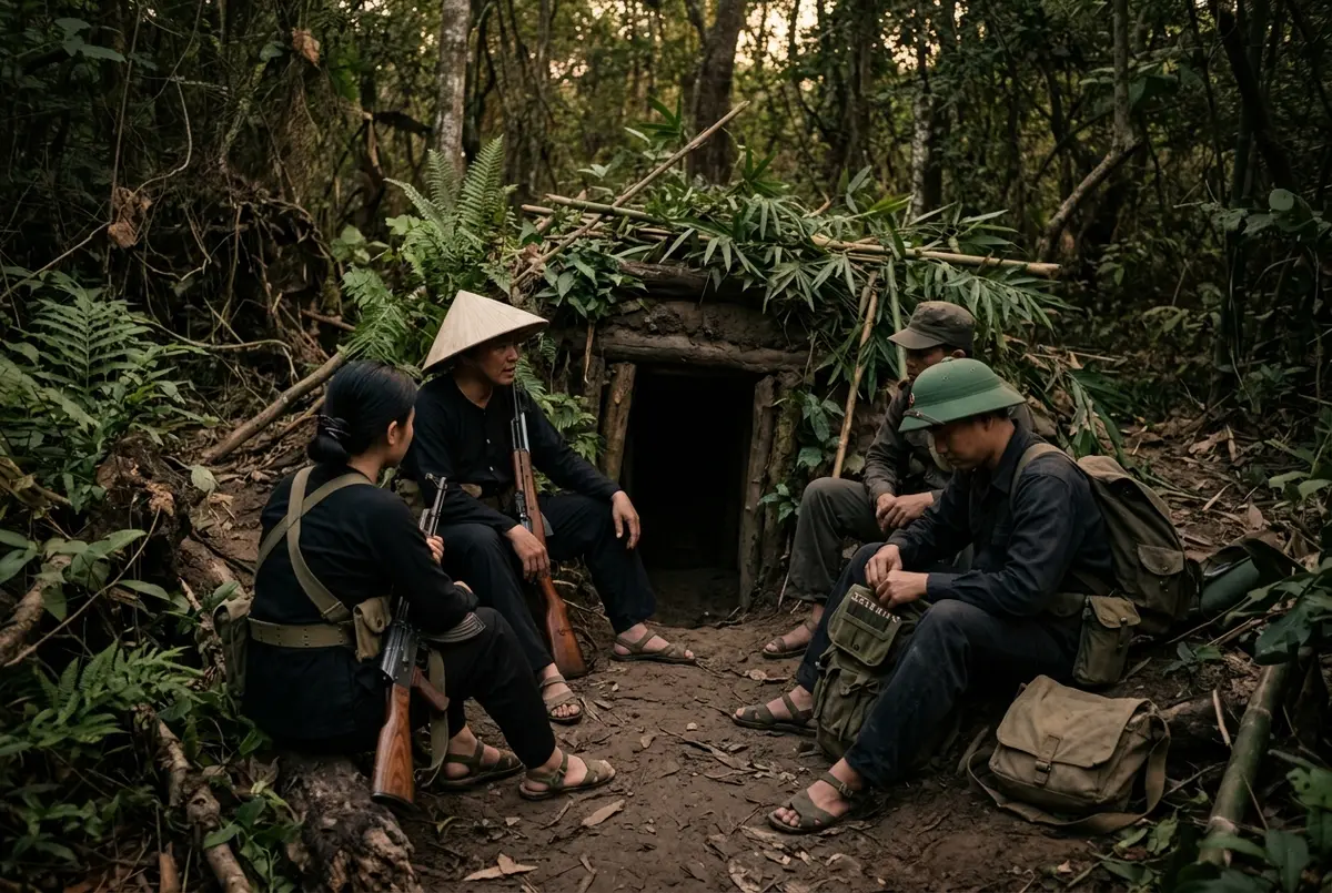 Reenactment style group portrait of guerrilla fighters resting at a hidden jungle tunnel entrance at dusk, viet cong cu chi tunnels theme, muted earthy tones